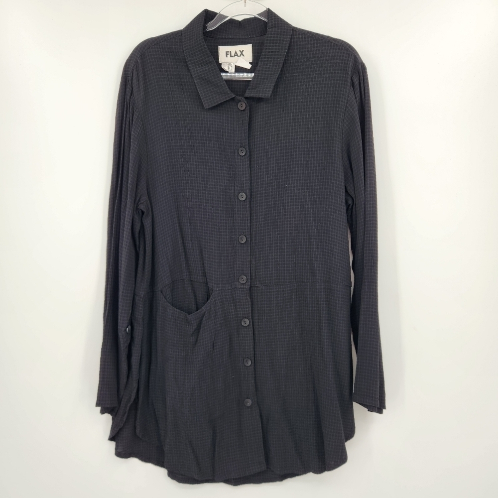 FLAX Long Sleeve Button Front Shirt Womens Size Small Black Tunic Windowpane